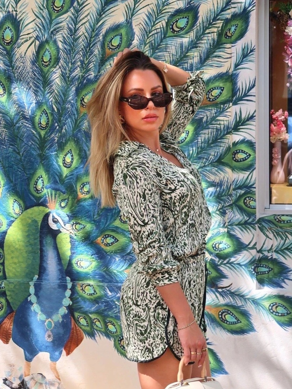 Green & White Printed button up & shorts set Like New